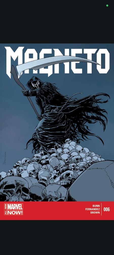 Magneto con una guadaña y vestido como la Muerte sobre una pila de calaveras
