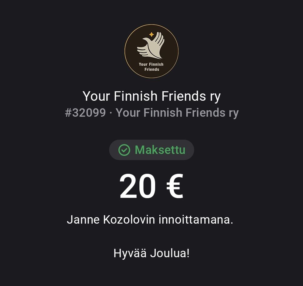 Kuvakaappaus mobilepaysta, 20€ your finnish friends ry:lle.
