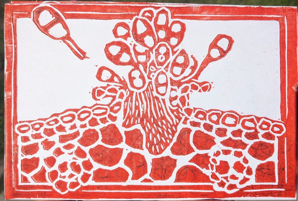 A linocut art print of rust spores