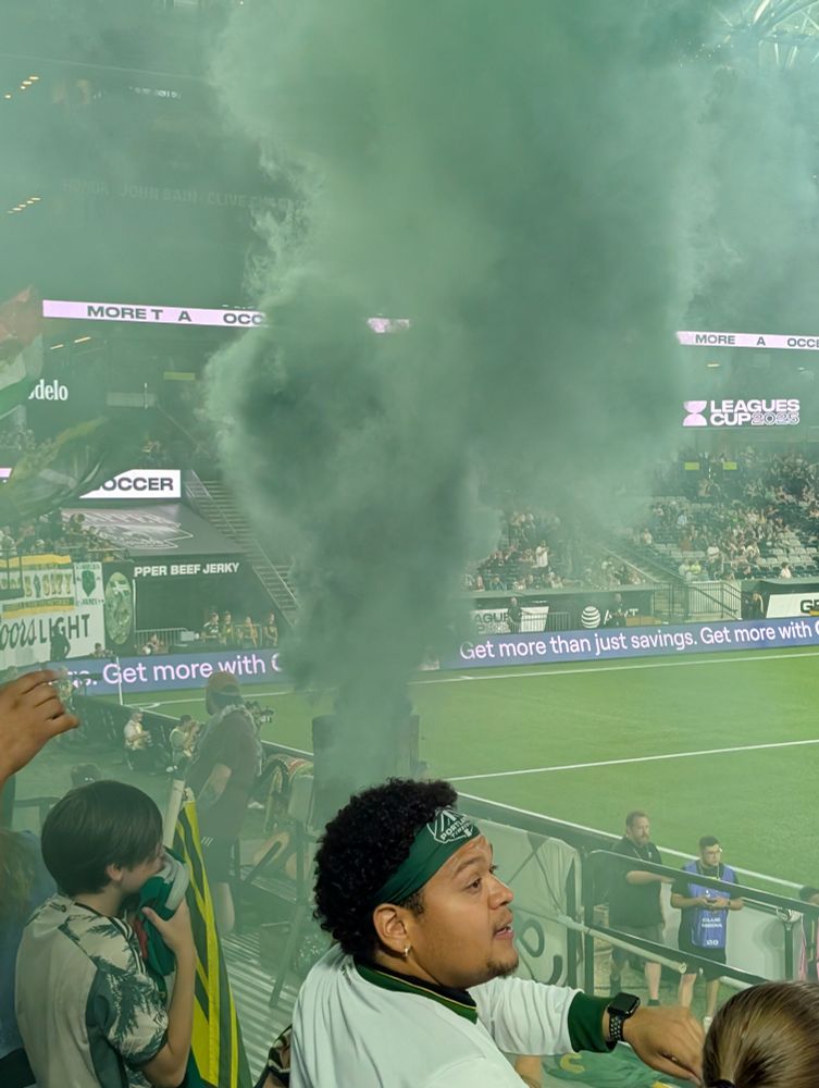 The North End of Providence Park erupts in green smoke after Felipe Mora scores the fourth goal of the night for the Portland Timbers 