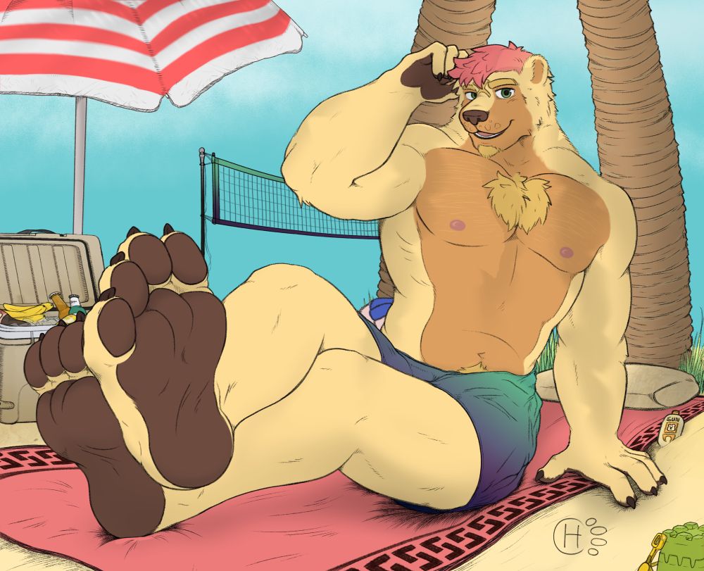 A sun bear with green eyes, pink hair, and green to purple faded swim trunks sits in a pink towel with a blocky pattern towards the edges. The setting is at the beach with a sunny sky that indicates a clear day and warm weather. Palm trees behind him cast a shadow that covers his upper body. There’s some grass behind a small tan beach pillow he presumably laid his head on. There’s a cooler with coke, beer, ice, and bananas behind his paws, and a beach umbrella that stands over it. A volleyball net in the background and a small volleyball can be seen very narrowly behind him. That’s a bucket with a scoop in the foreground, and some sun tan lotion with a little bear symbol to the left of his body.