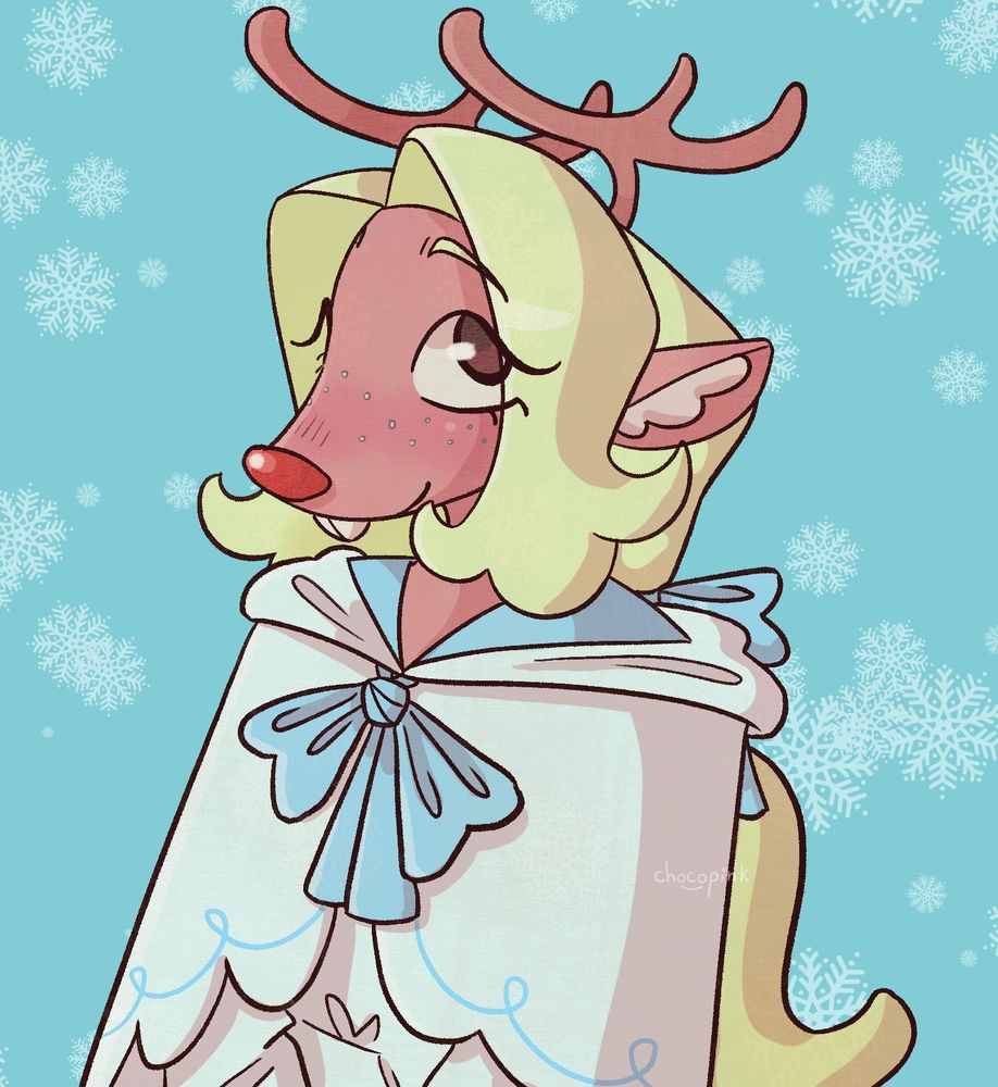 Noelle Holiday in her dark world outfit. She has a white caplet with a light blue bow