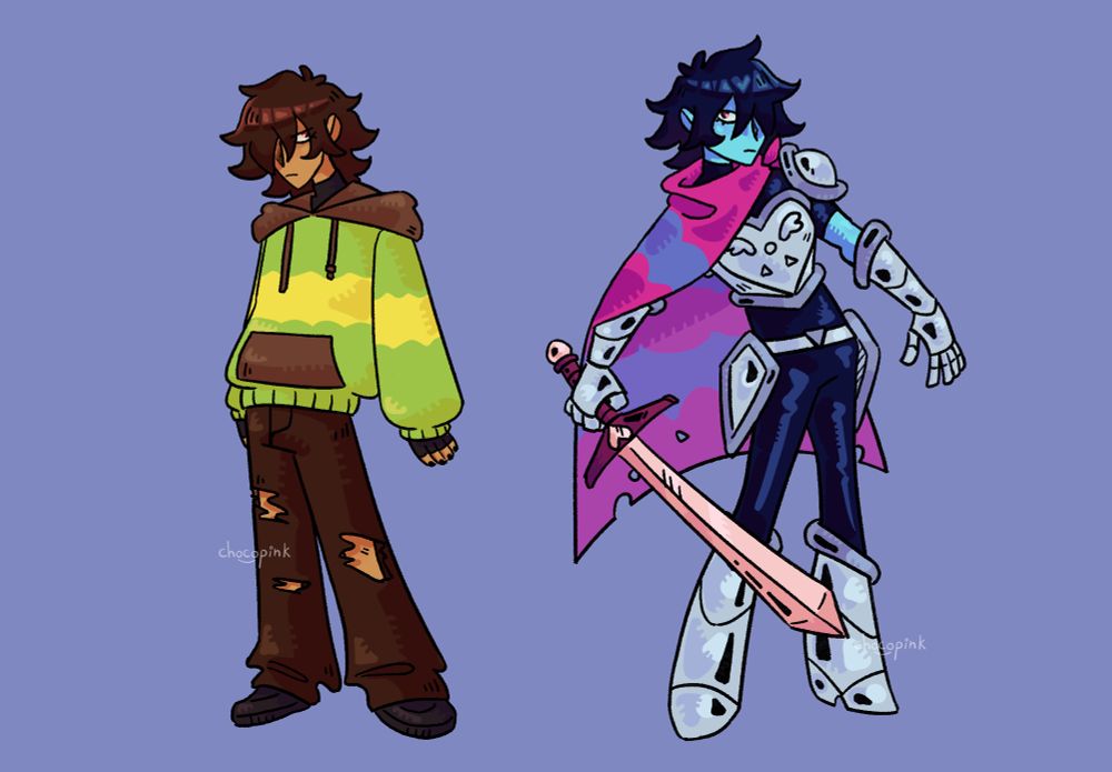 Kris Dreemurr in their light world form and dark world form. On the left is their light world outfit, they're wearing a sweatshirt with a brown hood and pocket and a turtleneck underneath. They also have baggy jeans with cuts in them and black fingerless gloves. The dark world outfit has simplified armor and a belt with armor at this hips. Both forms have a messy mullet