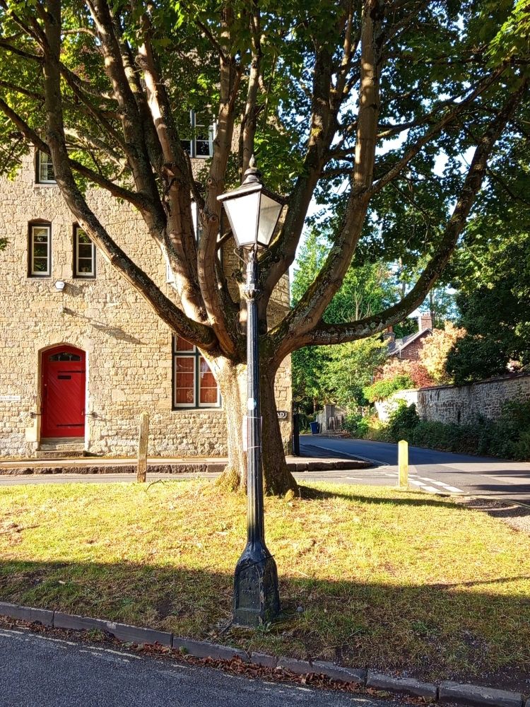A Victorian style lamppost in front of a green tree on the corner of a road in Oxfordshire. 
