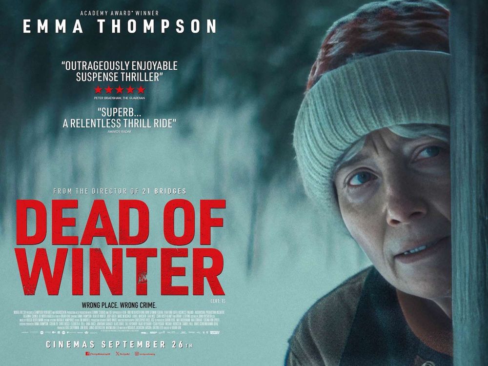 Movie poster for Dead of Winter. Emma Thompson peeps around a door in a woollen hat against a wintry background. Title in red. 