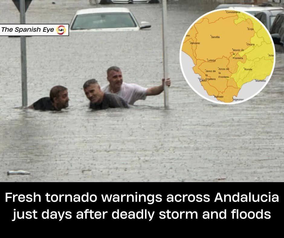 Three men and a car submerged in flood water. 