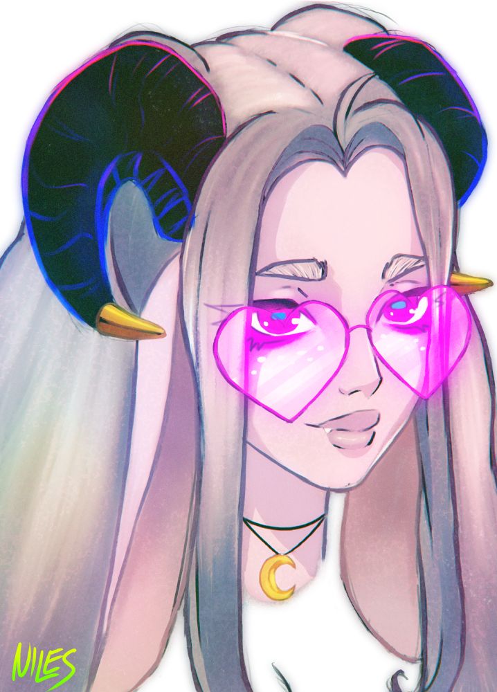 An illustrated headshot of Lily Goatdemon 2.0. They are wearing heart shaped glasses and have ram horns and droopy goat ears. 
