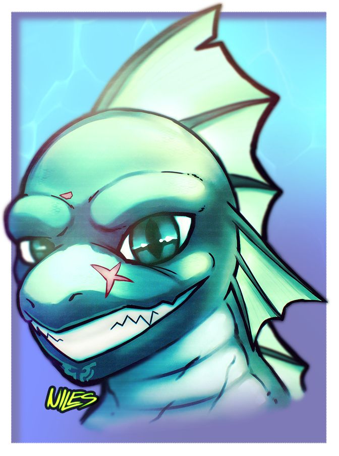 A headshot of an aquatic kobold. They are grinning at the camera, with the head at a semi 3/4ths angle. They are green with a fin ridge along their back and head. They have a some scars and a small tear in their fin. Behind them is a water like background.