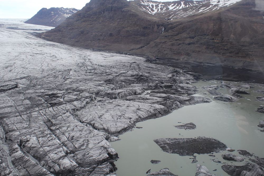 Photo of the eastern margin of Skeiðarárjökull taken in April 2022 showing the 2021 Grímsvötn jökulhlaup outlets (Photo: Andy Russell)