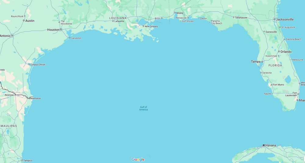 Map of the Gulf of Mexico from Google Maps in which the map now says "Gulf of America" instead.