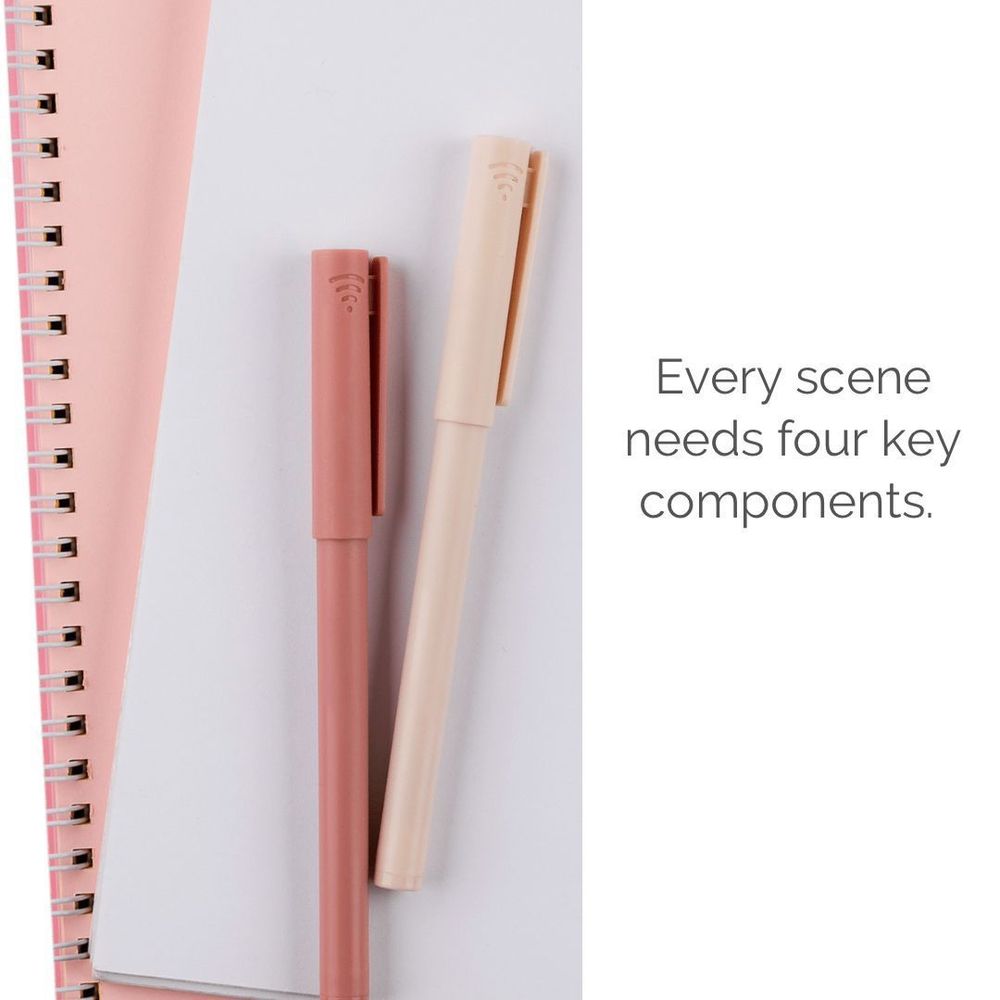 pink and white notebook with pink and mauve pen next to text which reads Every scene needs four key components on a white background.