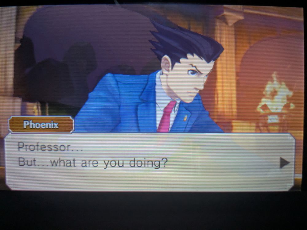 Layton vs Ace attorney screenshot where Phoenix says : "Professor...
But...what are you doing?"