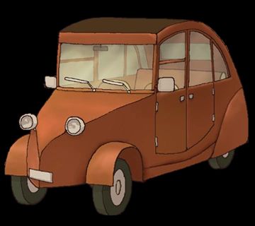 Image of a narrow, red car with a very high roof. It's design is reminiscent of the Citroën 2CV.