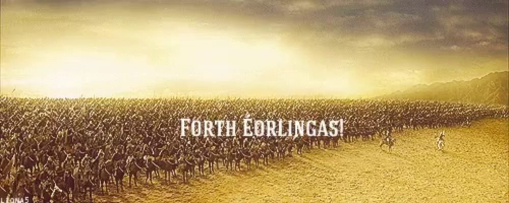 a large group of soldiers are standing in a field with the words forth eorlingas written above them