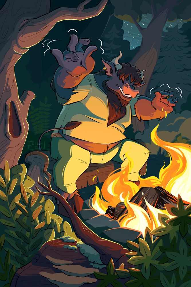 A digital painting of a minotaur sitting by a campfire. He's surrounded by many plants and trees, the light from the fire illuminating them. He is wiggling his fingers as he tells a story.