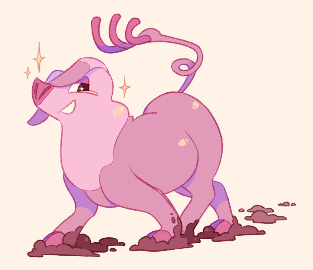 A drawing of the pig pokemon, oinkologne. She is pink, with mud at her feet and sparkles by her head. She is smiling and looking to the side as she walks forward.