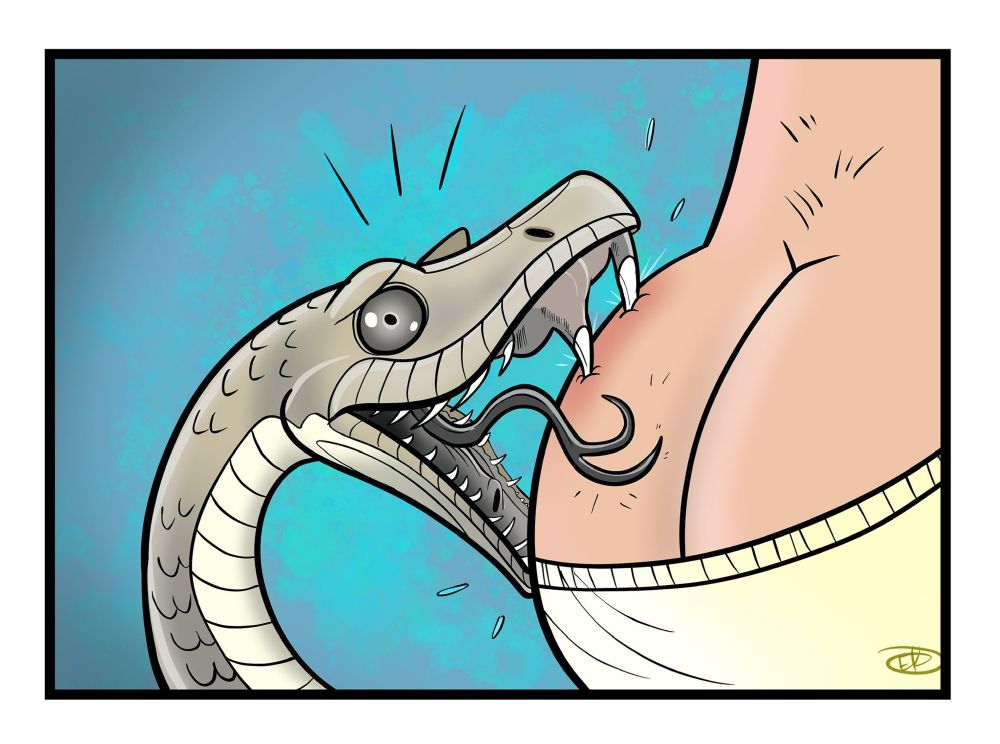 Wonderful illustration by Ethan Kocak showing a viper bitting a human butt 