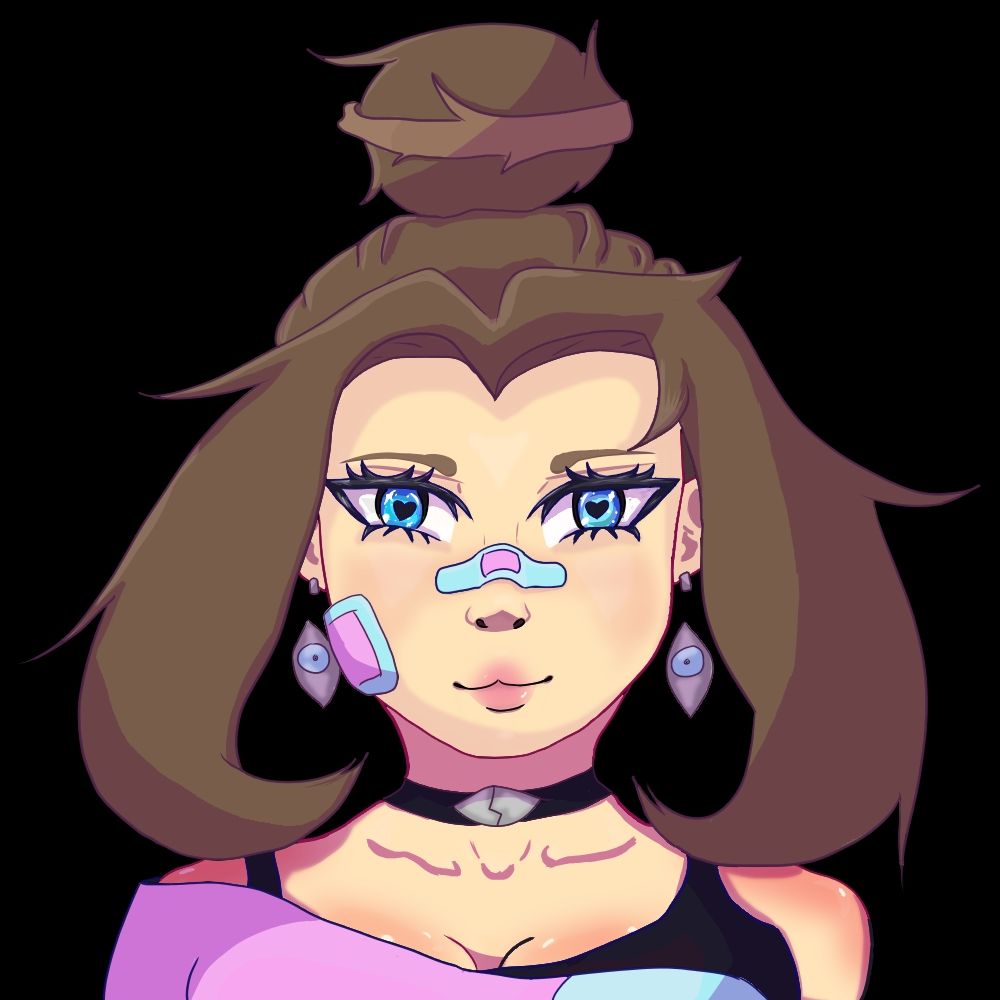 Pinkly rendered girl with a bun that looks like the head of a lollipop. Heart eyes, chubby cheeks, bandages on nose and cheek. Eye earrings, eye choker. And revealing shoulders. 