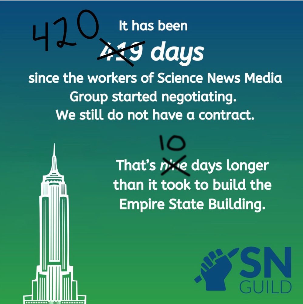 Text on the image reads: "It has been 420 days since the workers of Science News Media Group started negotiating. We still do not have a contract. That's 10 days longer than it took to build the Empire State Building.' A line drawing of the Empire State building is on the left side of the image. On the right side is the Science News Media Guild logo: a blue fist grasping a pencil, next to the text 'SN GUILD'