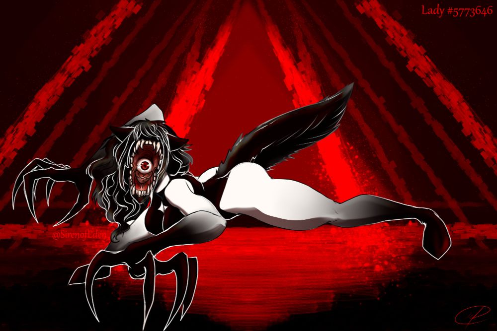 A female human-like creature crawling low on all fours, mouth agape with 1 red eye in the back of its throat and large, sharp teeth. seen with long, large clawed fingers and a wolf's black tail. Black unitard on, pale white skin with fading into black on her arms and legs. Posed before a black and red triangle-shaped void. 