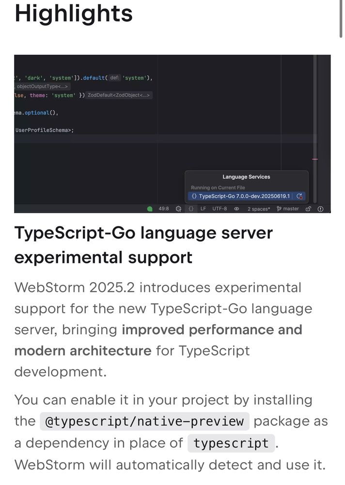 A WebStorm 2025.2 changelog showing support for TypeScript-Go.