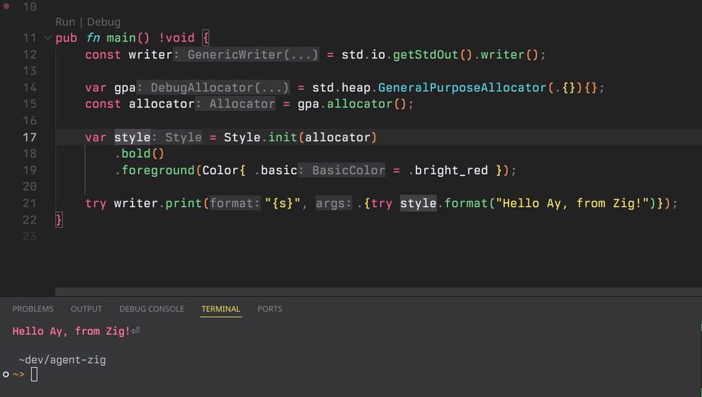 A screenshot of Zig code using a Style struct. The terminal below outputs a red and bold "Hello Ay, from Zig!"