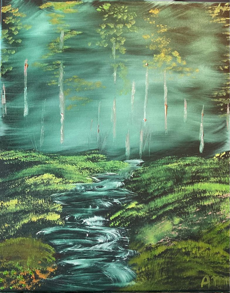 A misty forest plays host to a babbling brook. Soft grassy mounds rise on either side as the water swirls and chatters.
