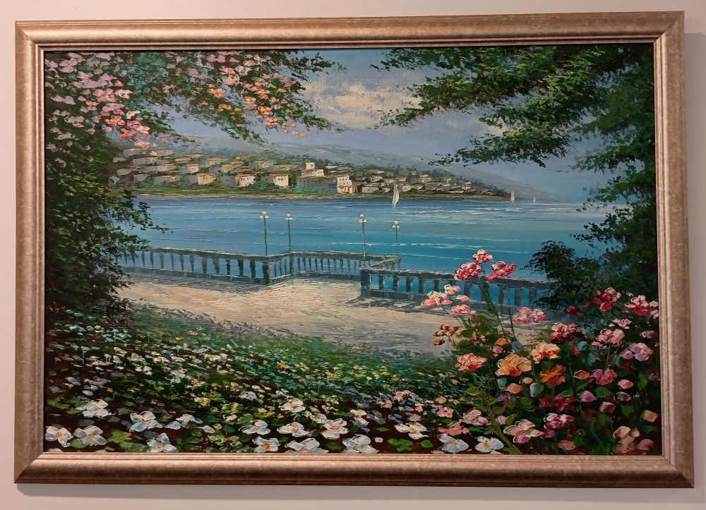 Acrylic canvas painting of a seaside view through trees and flowers