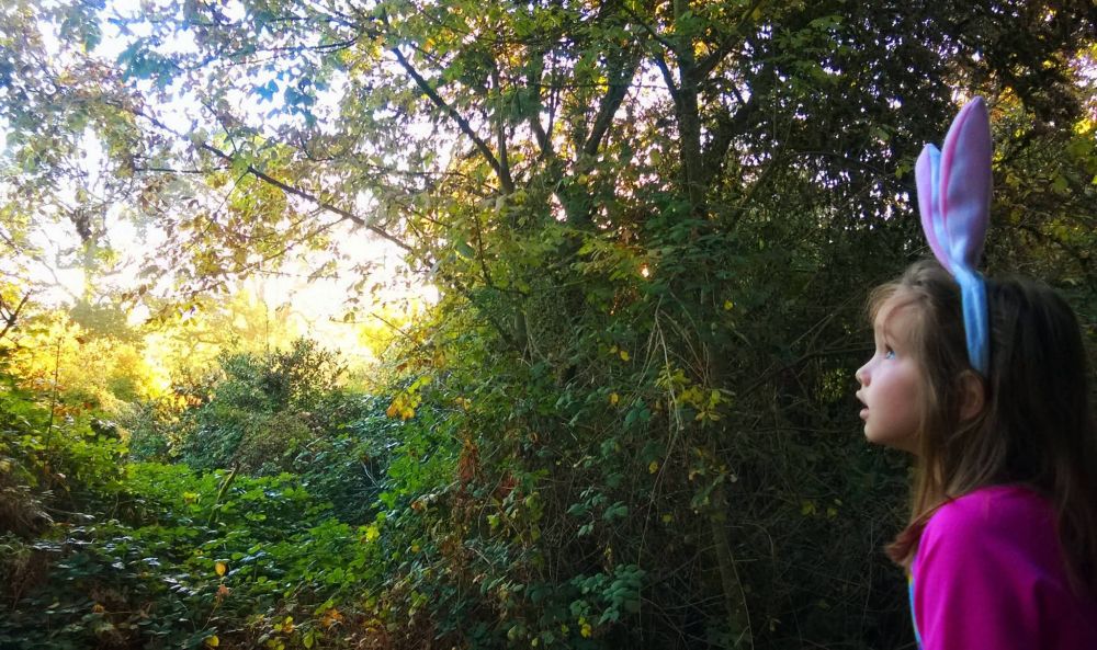 Little girl in pink pajamas wearing bunny ears looking out at trees from the back patio of an apartment 