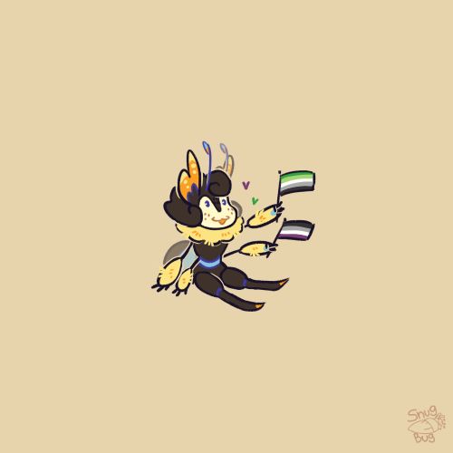 Tiny doodle of my oc Beatrix the bee, sitting down and holding both an asexual flag and an aromantic flag.