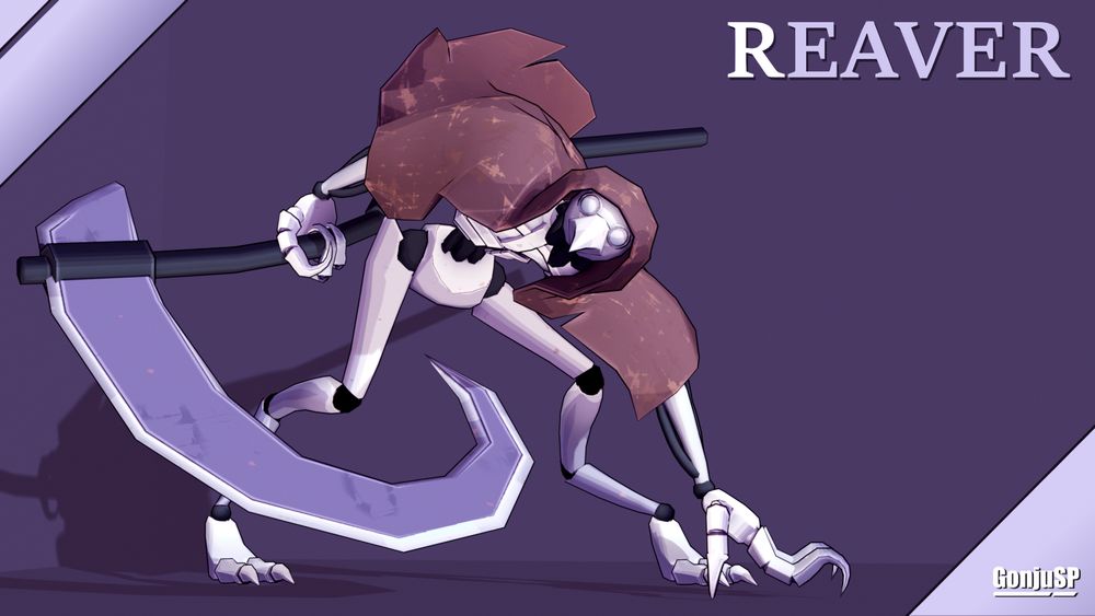 A 3D render of a video game enemy called a "Reaver." It has the appearance of a skeletal humanoid with a birdlike skull, covered by a battered and torn cowl. It wields a scythe with an exaggerated blade as a weapon.
