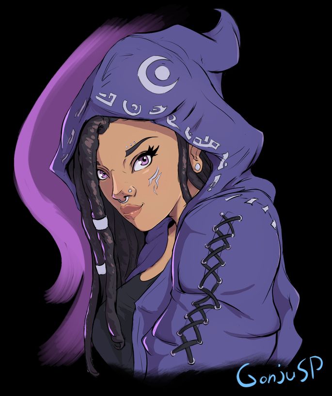 A digital painting of a dark-skinned woman in a robe smirking at the viewer.