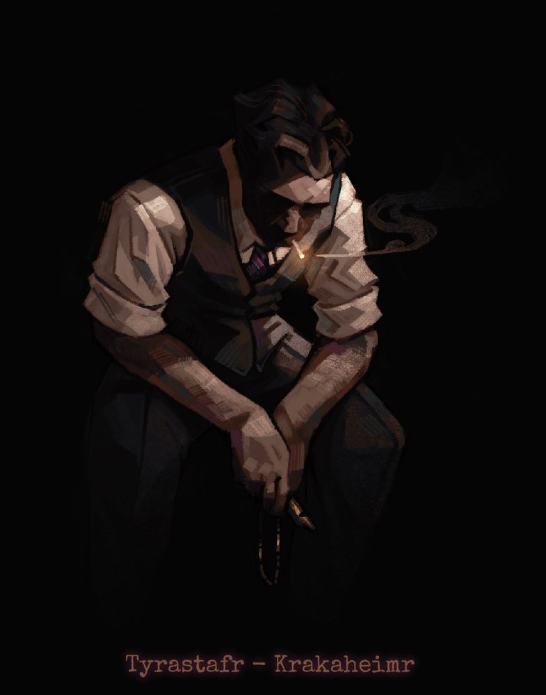 A digital painting of a sitting man in a shirt and waistcoat, resting his arms on his knees as he smokes. In his hands is an old metal whistle. The lighting is contrasting, with dark shadows obscuring the details of his face, making part of him blend in with the black background.