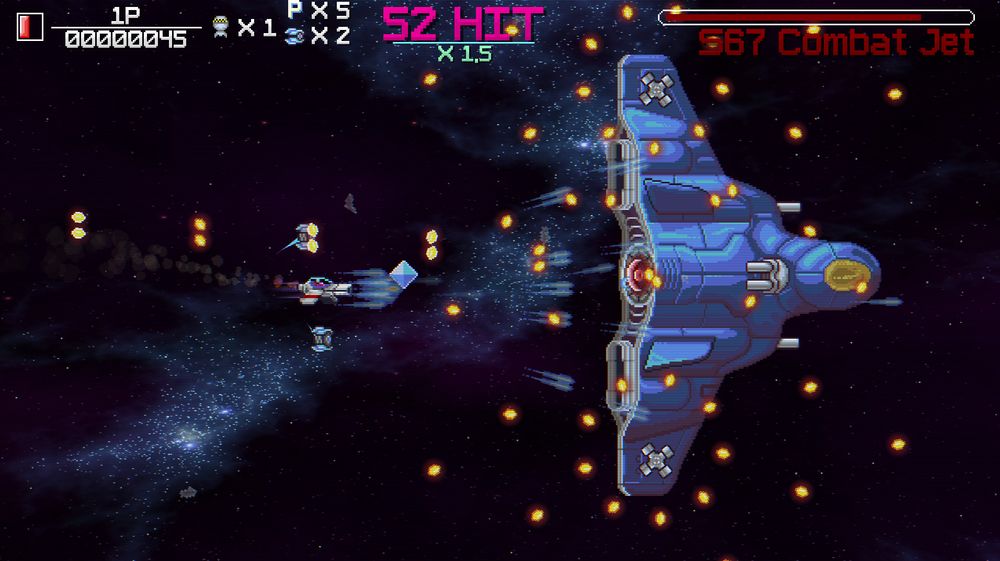 A battle between the player and the S67 Combat Jet boss in the SHMUP game Cosmic Destroyer