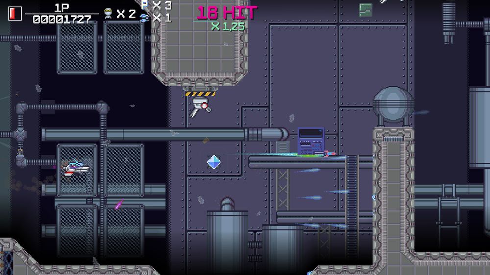 Side-scrolling section inside a space resource refinery with a turret firing at the player's ship.