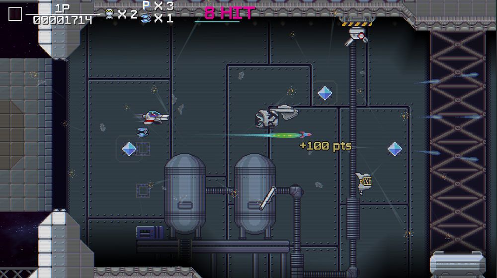 Side-scrolling section inside a space resource refinery with a missile the player has fired streaking across the screen. Debris and collectibles scattered throughout the scene.