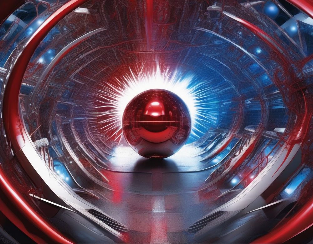 Metal Ball in a abstract tunnel with red and blue light effects