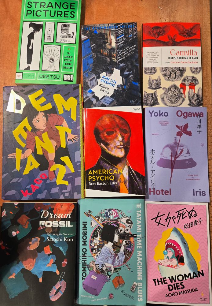 Strange Pictures, Mona Lisa Overdrive, Camilla, Hotel Iris, America Psycho Dementia 21, Dream Fossil, The Tatami Time Machine Blues, The Woman Dies novels.