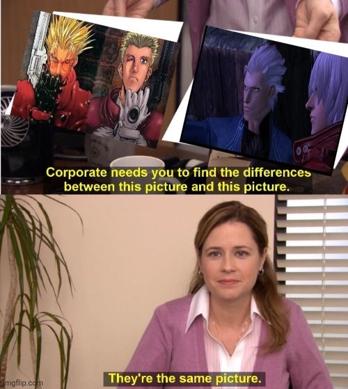 The Office meme comparing Trigun's Vash and Knives to Devil May Cry's Dante and Vergil.
