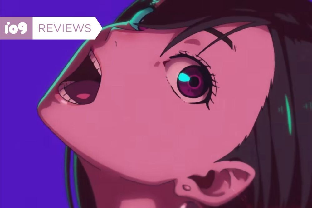 Dan Da Dan io9 review hero image with Momo in a purple backdrop from the season one opening.