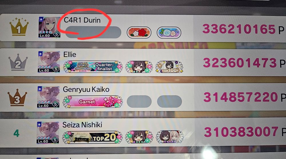A screenshot of the Ena5 tiering leaderboards. The username of the person in 1st right is C4R1 Durin but this is not genshin impact go away