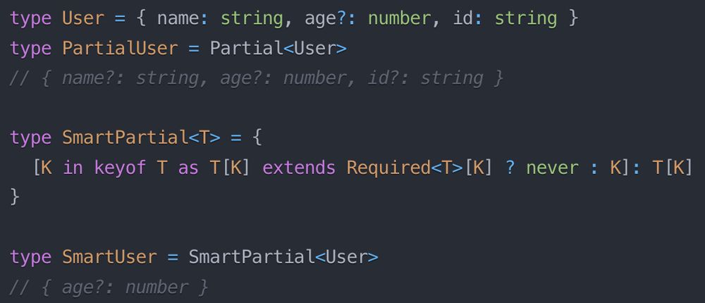 Typescript code with Partial vs SmartPartial generic comparison