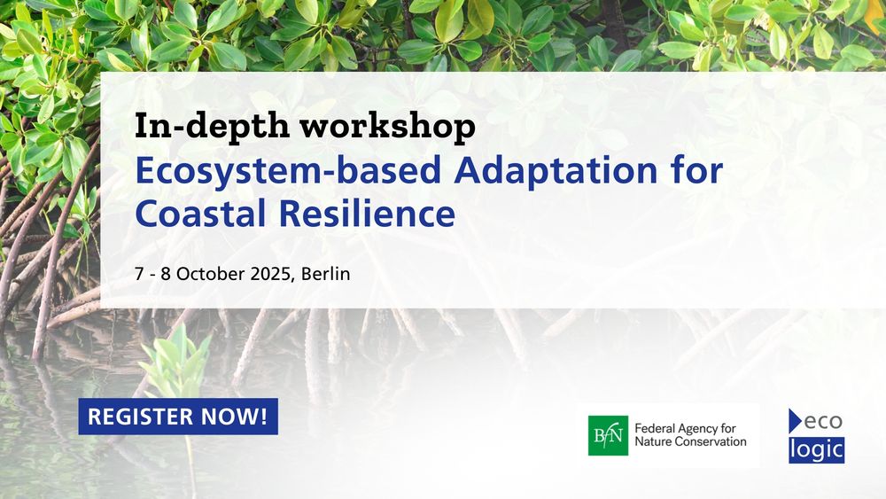 Promotional banner for the in-depth workshop “Ecosystem-based Adaptation for Coastal Resilience,” taking place on 7–8 October 2025 in Berlin, featuring mangrove roots in shallow water in the background and logos of the Federal Agency for Nature Conservation and Ecologic Institute.
