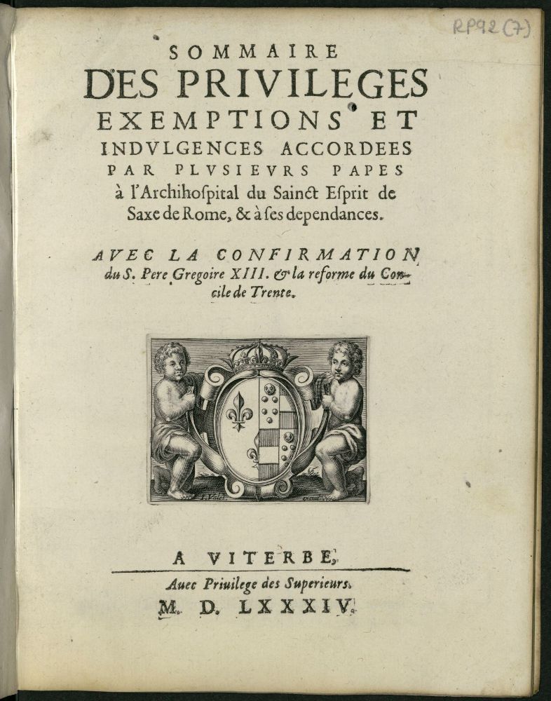 Title page of the edition of the 'Sommaire des privilèges, exemptions et indulgences'