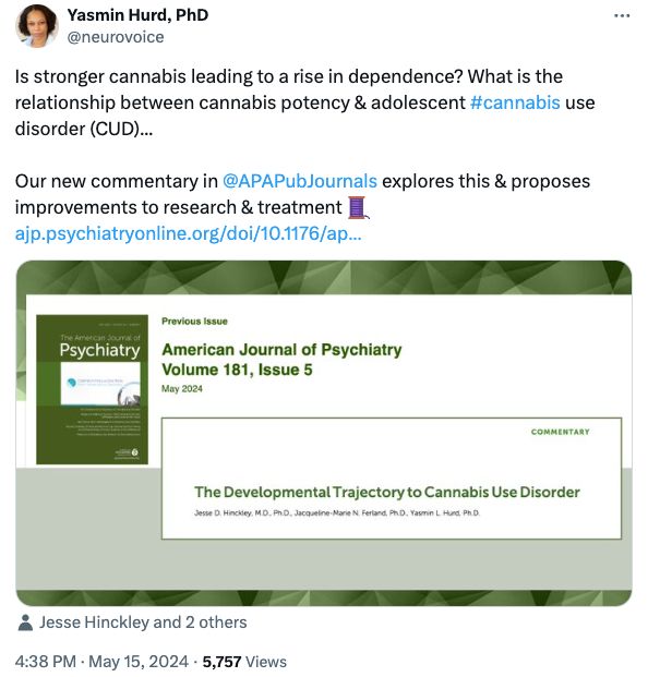 A screenshot of the Twitter/X post of the American Journal of Psychiatry paper, including a picture of the paper's title "The Developmental Trajectory to Cannabis Use Disorder." 