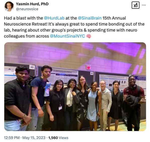 A screenshot of the Twitter/X post showing my lab members and myself at Sinai's Annual Neuroscience Retreat.