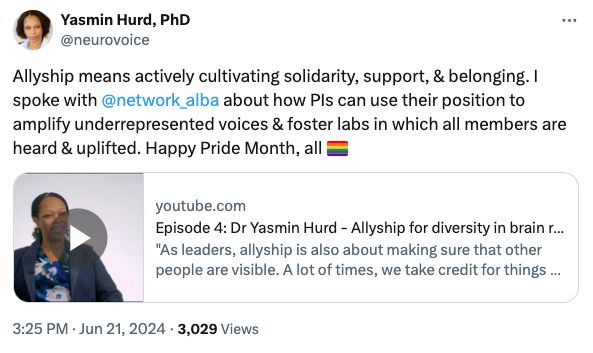 A screenshot of the Twitter/X post highlighting the importance of solidarity, support & belonging, and linking to a video about allyship. 