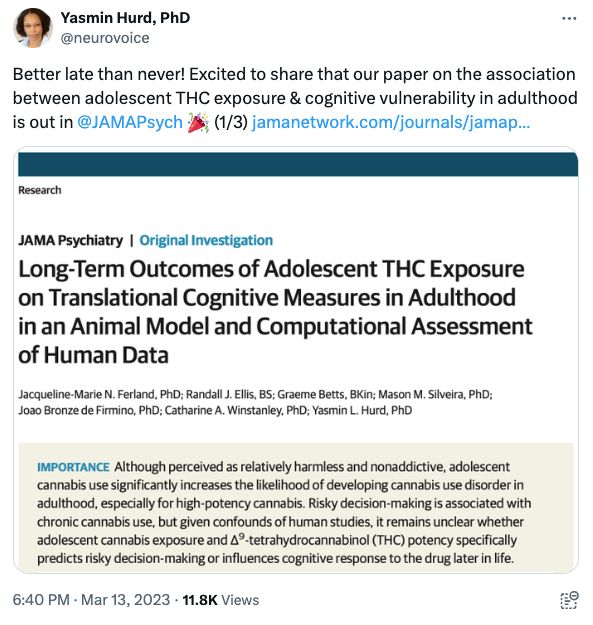Screenshot of the Twitter/X post about the JAMA Psychiatry paper, showing the paper's title, authors, and a paragraph about its importance. 