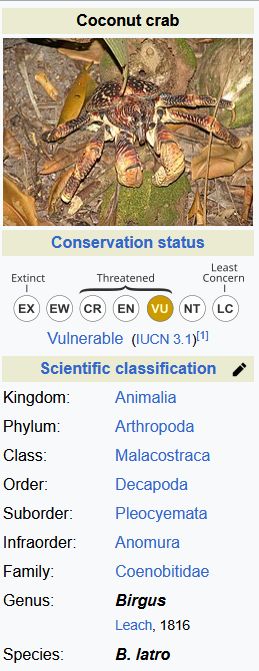 A segment from the Coconut Crab's wikipedia page.
Notably, its Species is apparently named "B. latro"