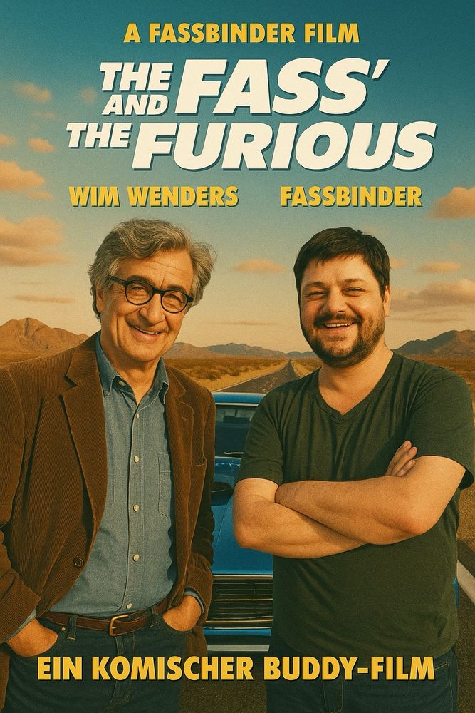 a movie poster showing the title "the fass' and the furious" with the stars smiling and standing in front of a blue car in the american desert 